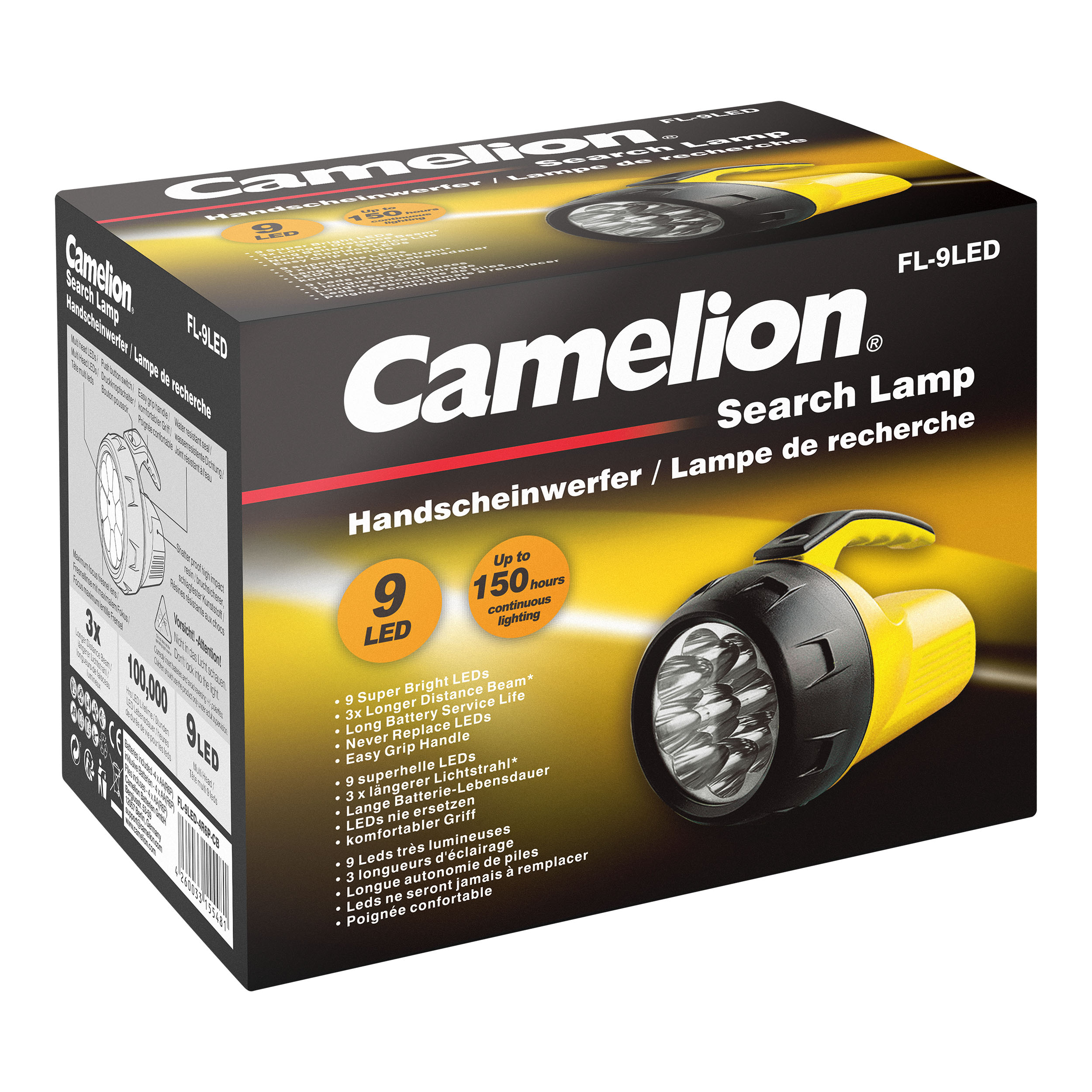 CAMELION FL-9LED-4R6B 9 x LED mitmepealine käsituli / koos 4 x R6 patareidega
