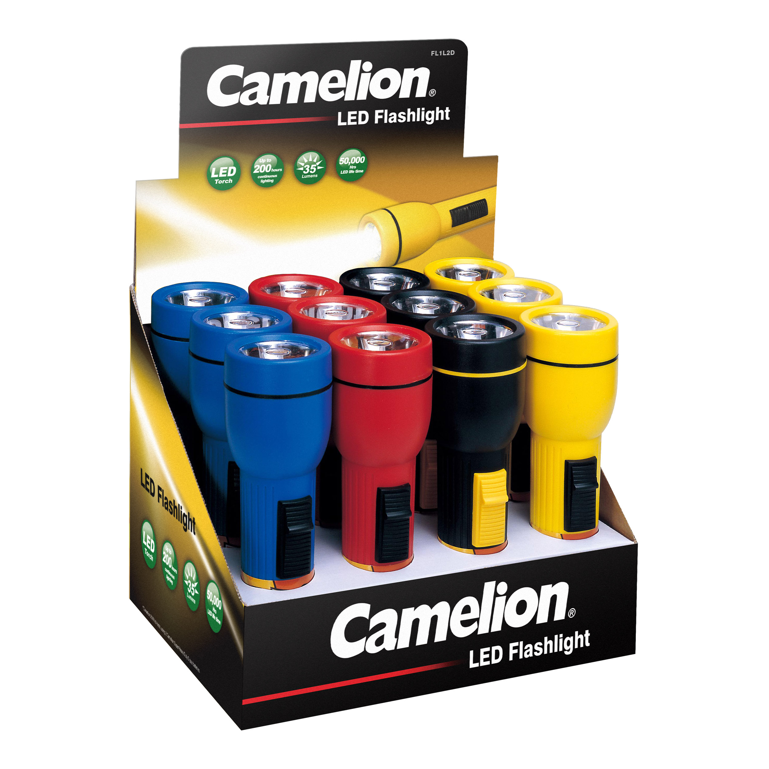 CAMELION FL1L2DD12 LED taskulampide display 12 x R20 taskulampidega / ilma patareideta