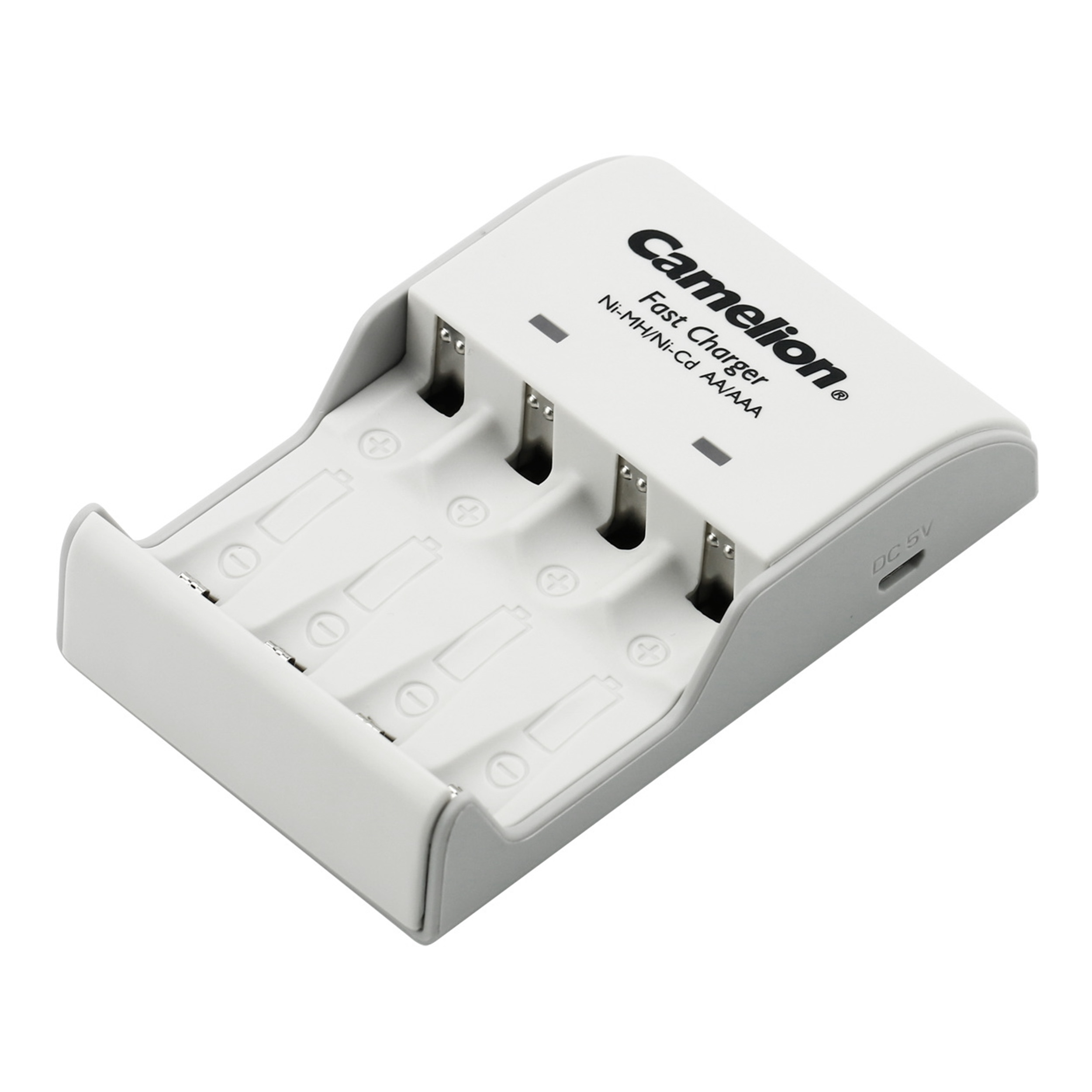 CAMELION Fast Charger BC-1002F with white housing, DC 5V input and four AA/AAA charging slots, plus red and green LED indicators for 1–4 Ni-MH cells.