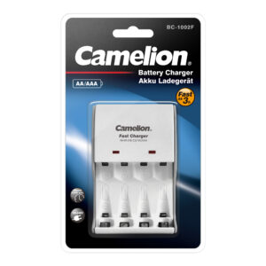 CAMELION BC-1002F Fast Charger battery charger for AA/AAA Ni-MH, shown on blue and black packaging with red accents and “Fast as 3h”.