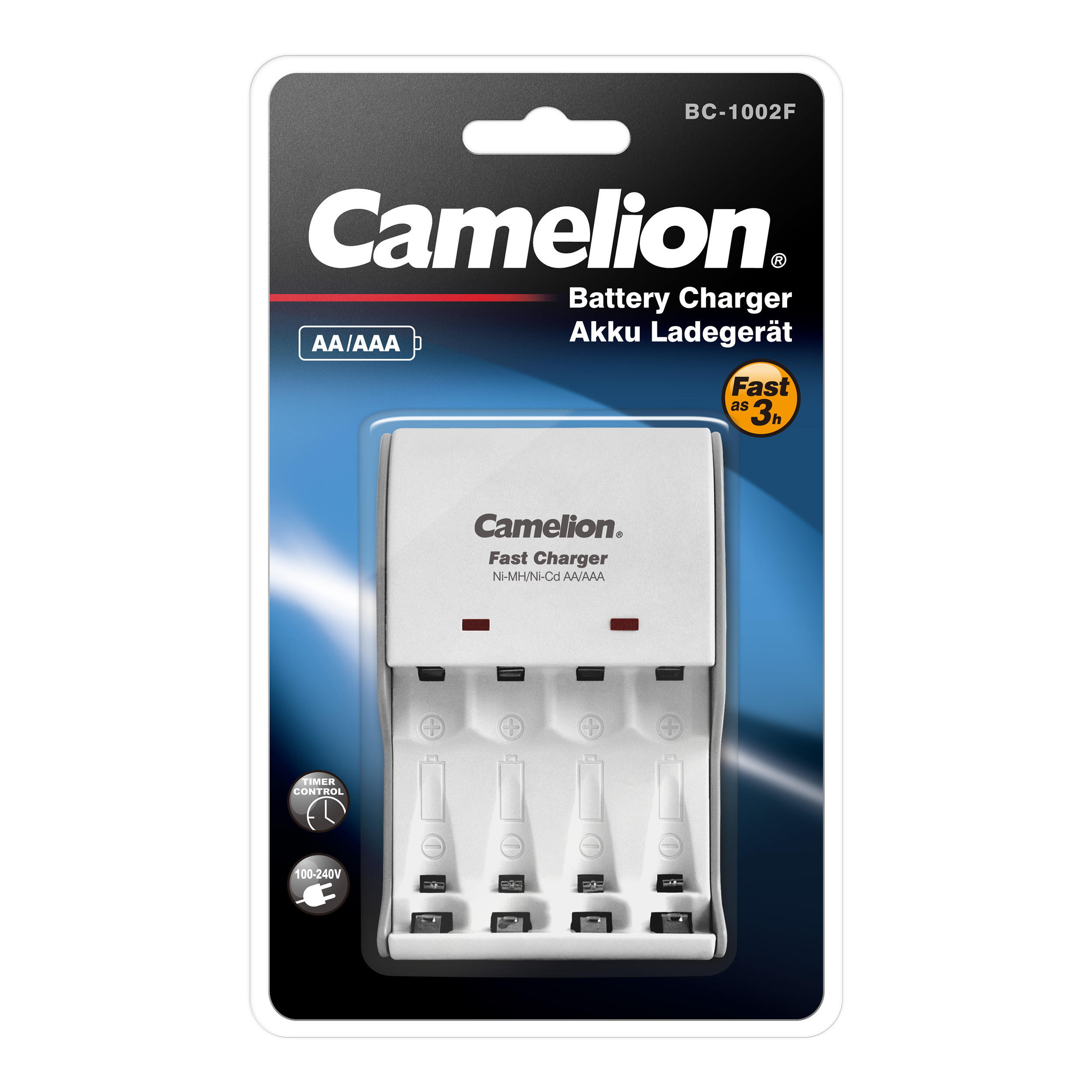 CAMELION BC-1002F Fast Charger battery charger for AA/AAA Ni-MH, shown on blue and black packaging with red accents and “Fast as 3h”.