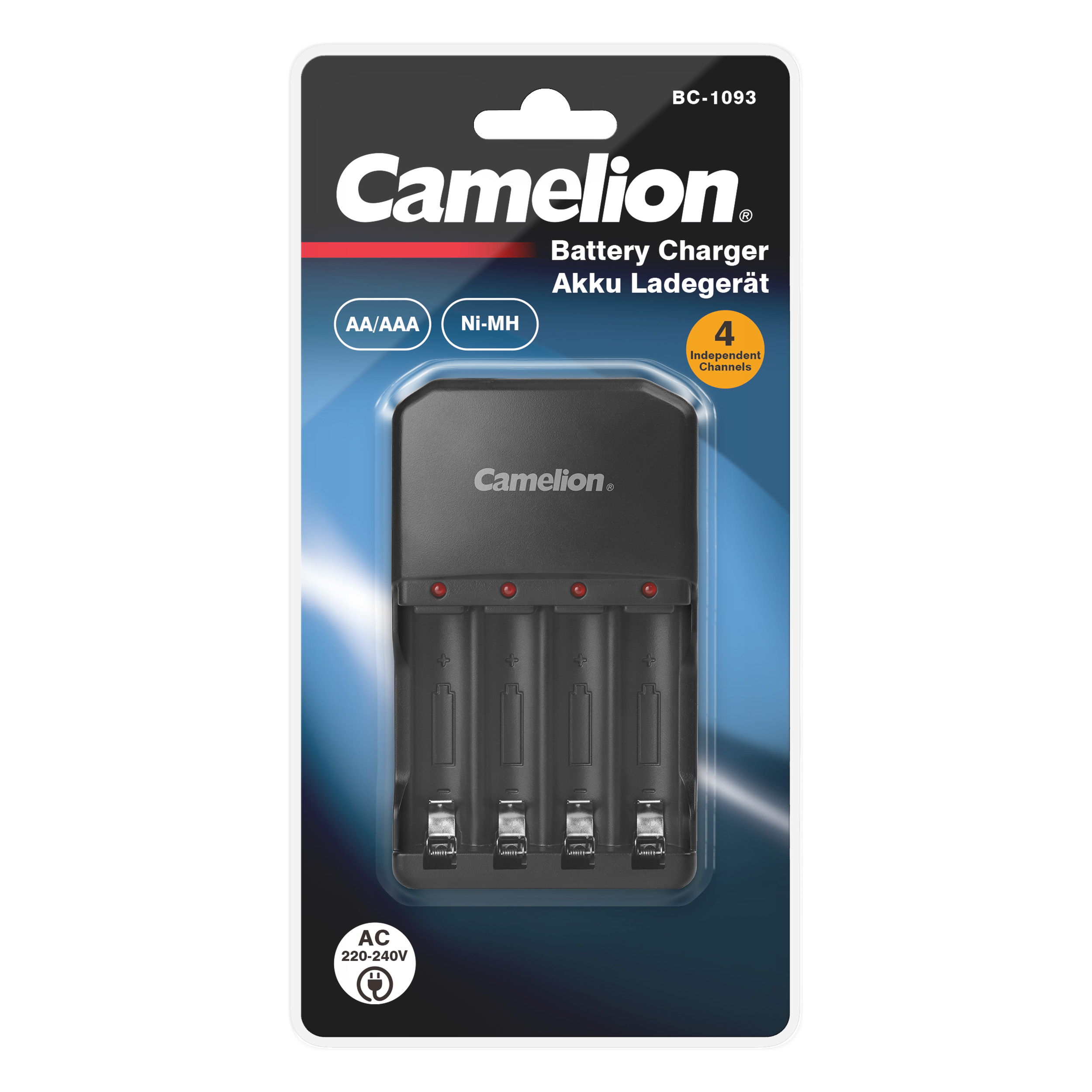CAMELION BC-1093 4-kanaliline AA/AAA Ni-MH laadija pakend punase LED-oleku indikaatoriga, laeb 1,2V akusid ja sisend 220–240V~ 50Hz, 63 cm juhtmega.