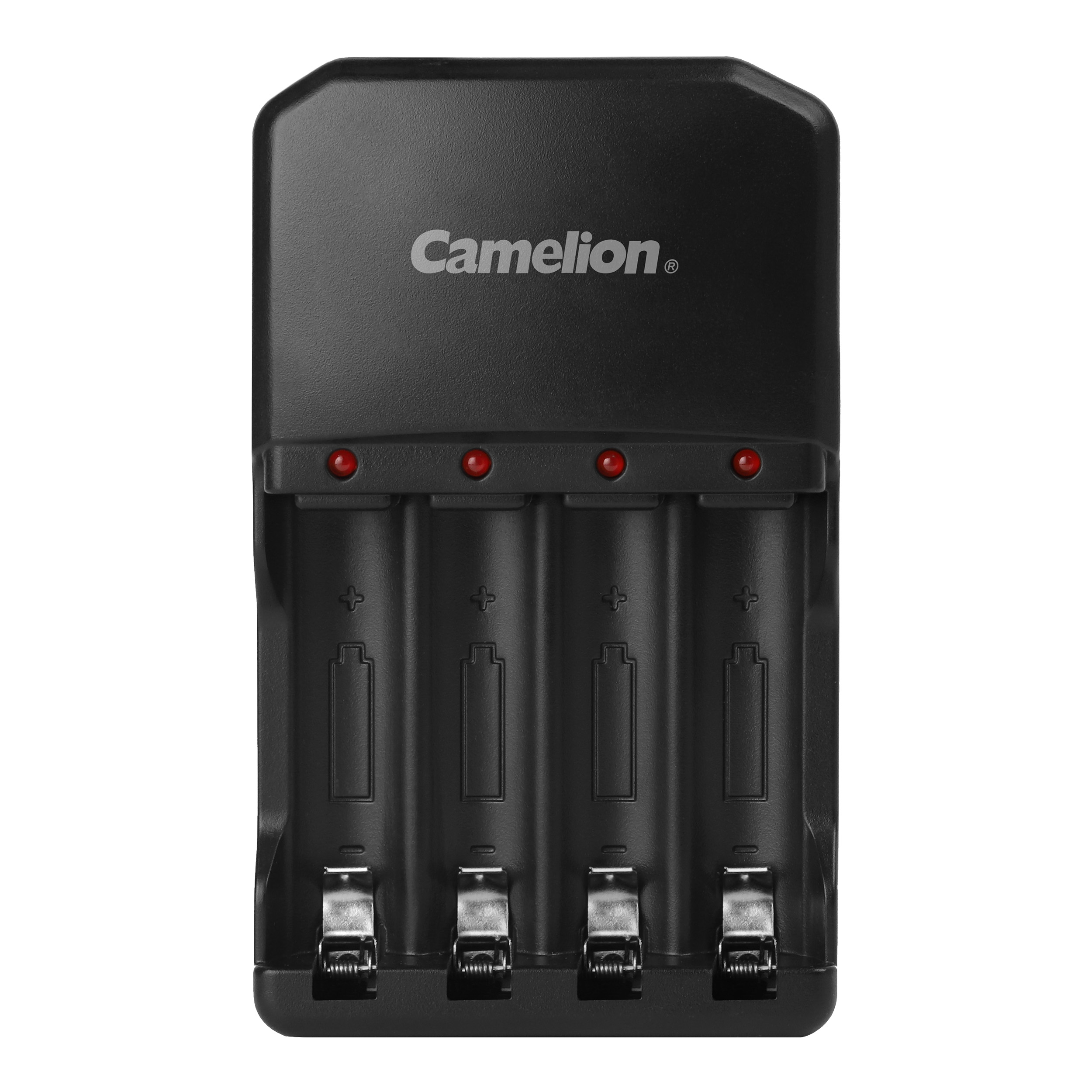 Black CAMELION battery charger with four charging bays, plus-marked slots, red status indicators and metallic terminals on the front panel.