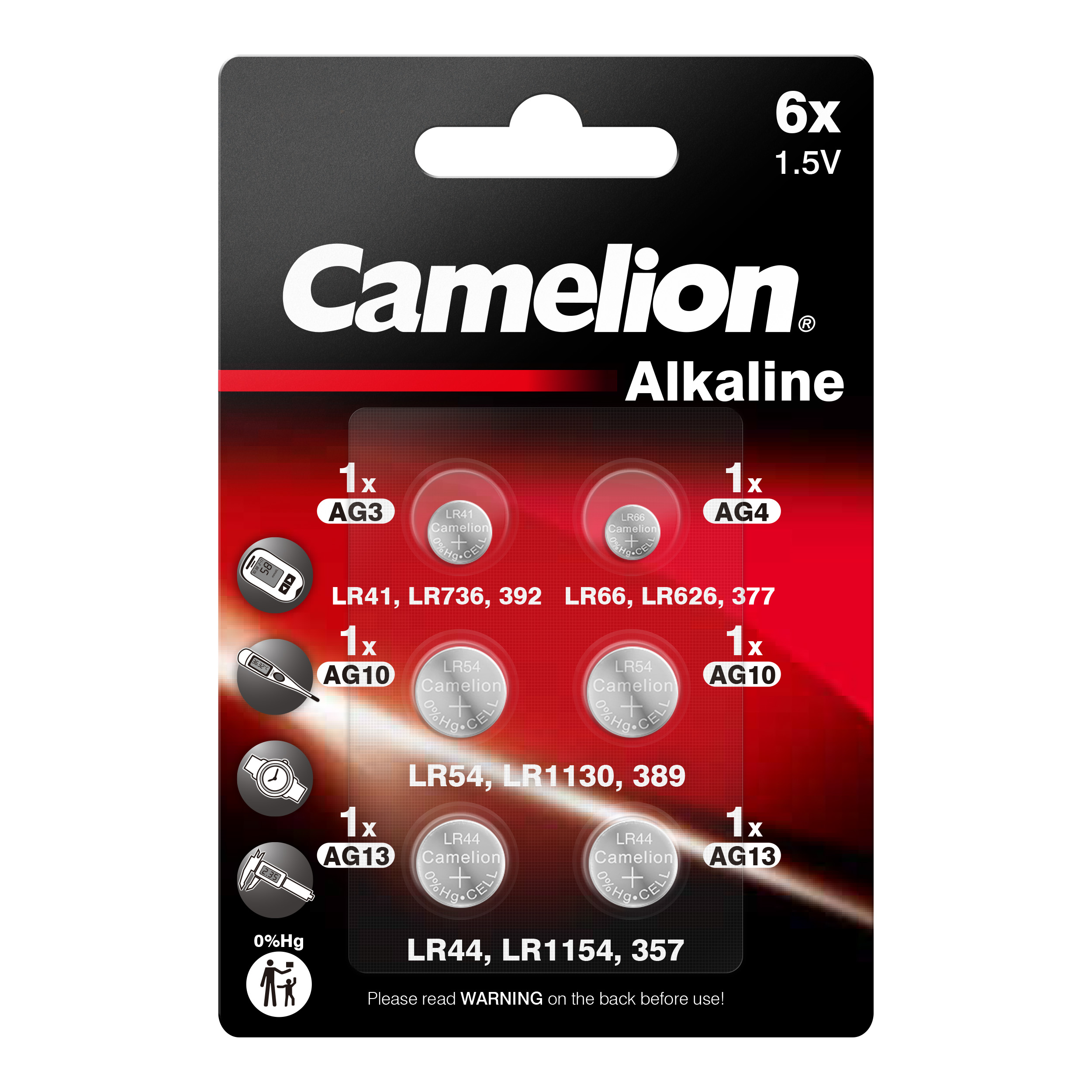 CAMELION Alkaline AG nupuelementide komplekt, 6 tk (1xAG3, 1xAG4, 2xAG10, 2xAG13)